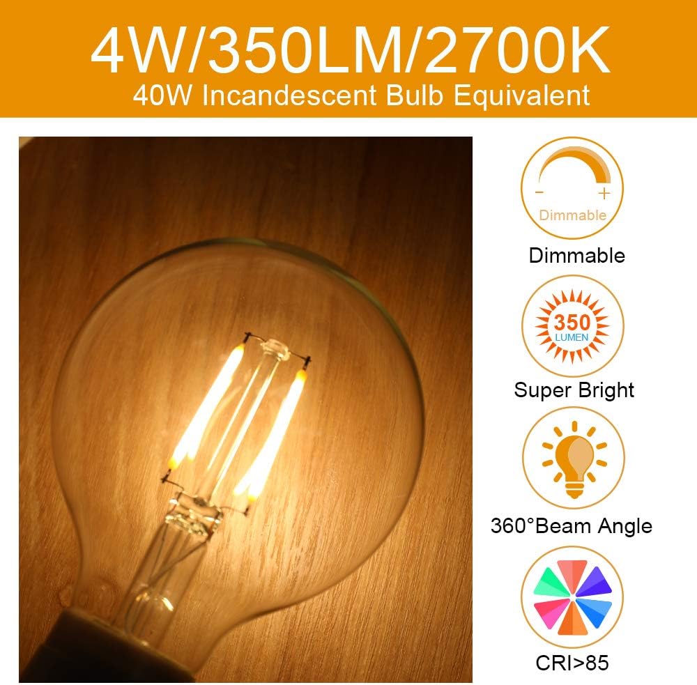 Energetic 12-Pack 4W Dimmable Globe LED Light Bulb, G25 Vintage Light Bulb, 40W Equivalent, 350Lumens, 2700K Soft