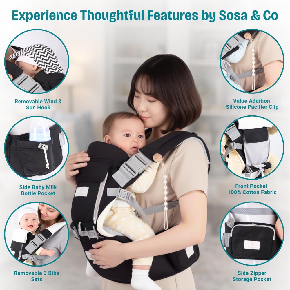 6 in 1 Ergonomic Baby Carrier with Hip Seat - Newborn to Toddler - Black