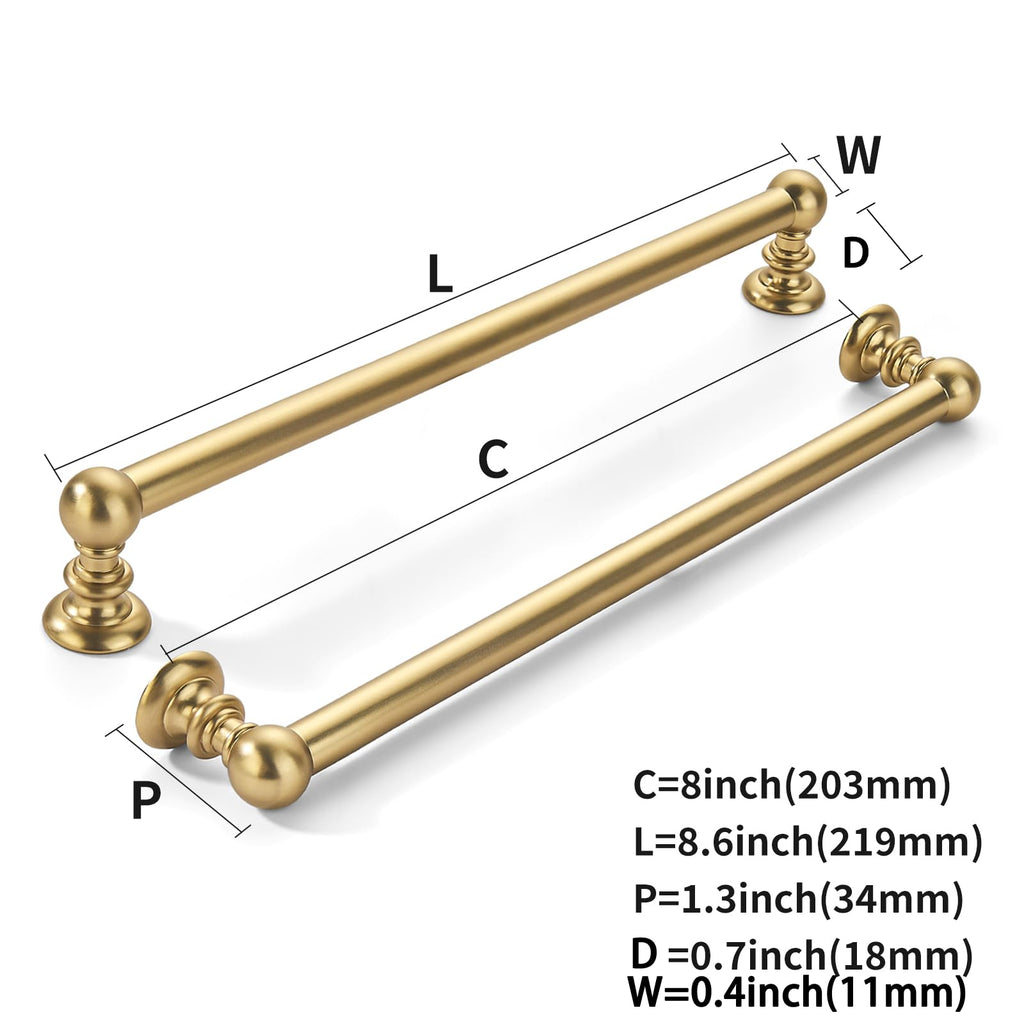 10 Pack 8 inch(203mm) Hole Center Brushed Brass Cabinet Pulls Solid Heavy-Duty Warm Brass Kitchen Cabinet Hardware