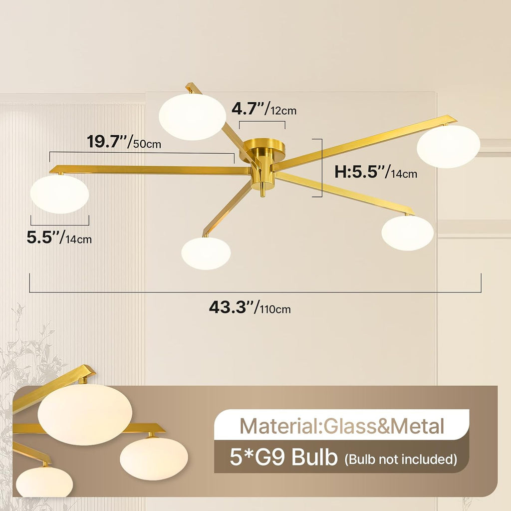 Semi Flush Mount Ceiling Light, Gold Sputnik Ceiling Light Fixture with 5-Oval Milk Glass Lampshades, Mid Century