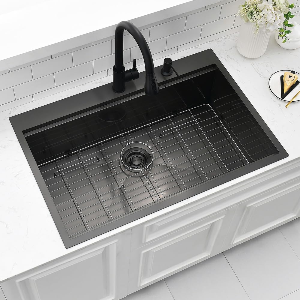 33 Black Drop in Workstation Kitchen Sink, 16 Gauge 33x22x10 Inches Black Stainless Steel Kitchen Sinks Topmount