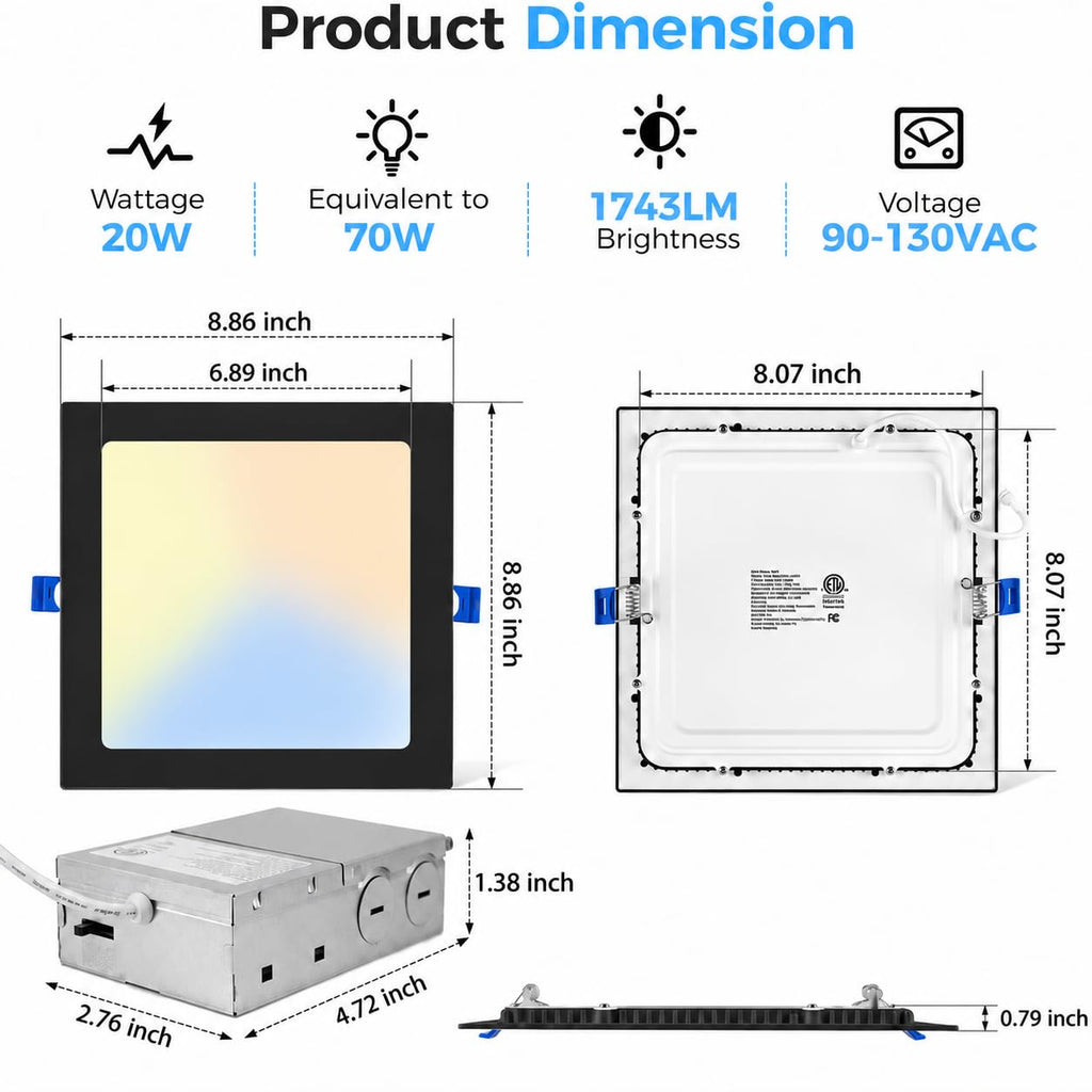 8 Inch Square LED Recessed Lighting, 20W Dimmable, 5CCT