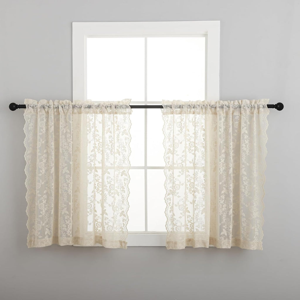Beige Lace Curtains 36 Inch Length 2 Panels Rusitc Leaf Floral Short Sheer Curtains for Kitchen Window Over Sink, Rod