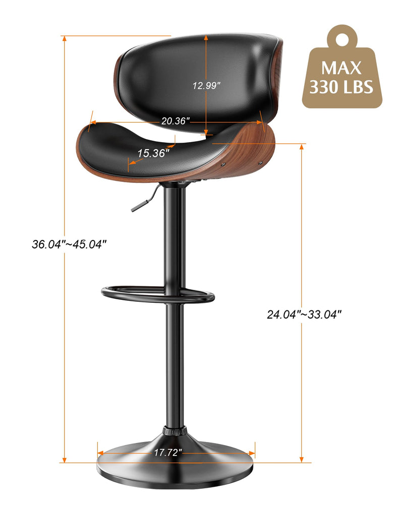 Bentwood Swivel Bar Stools Set of 2, Adjustable, Matte Black