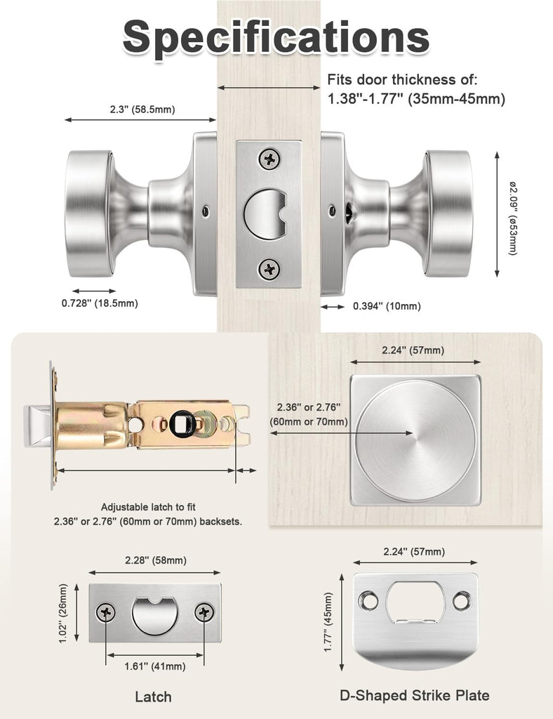 Passage Door Knobs Interior 5 Pack, Modern Keyless Closet Hallway Door Handles Inside, Square Panel Doorknobs with