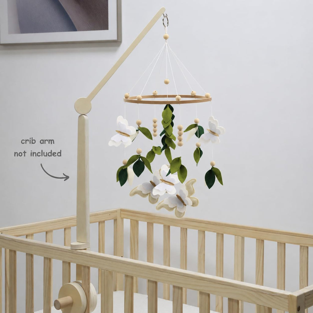 Butterfly Mobile for Crib - A Beautiful Neutral Butterfly Crib Mobile with Green Leaves, White and Gold Detail