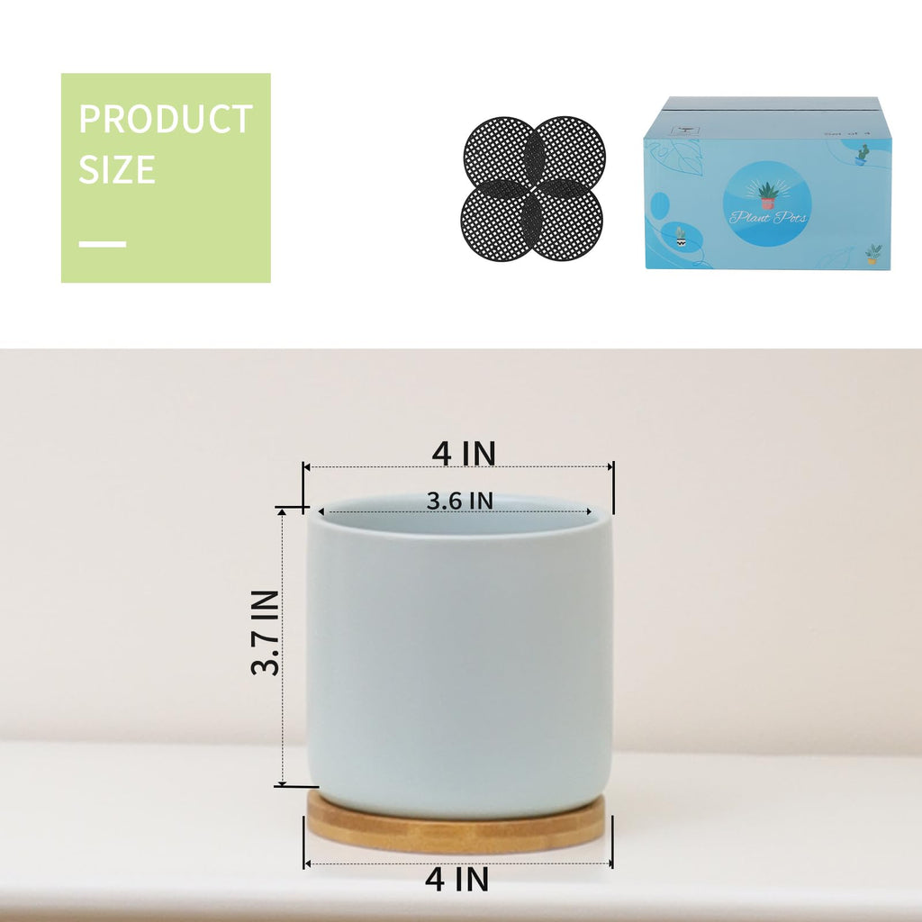 4 Inch Planters with Drainage Hole and Saucer, Small Ceramic Cylinder Plant Pot with Trays for Succulent, Aloe