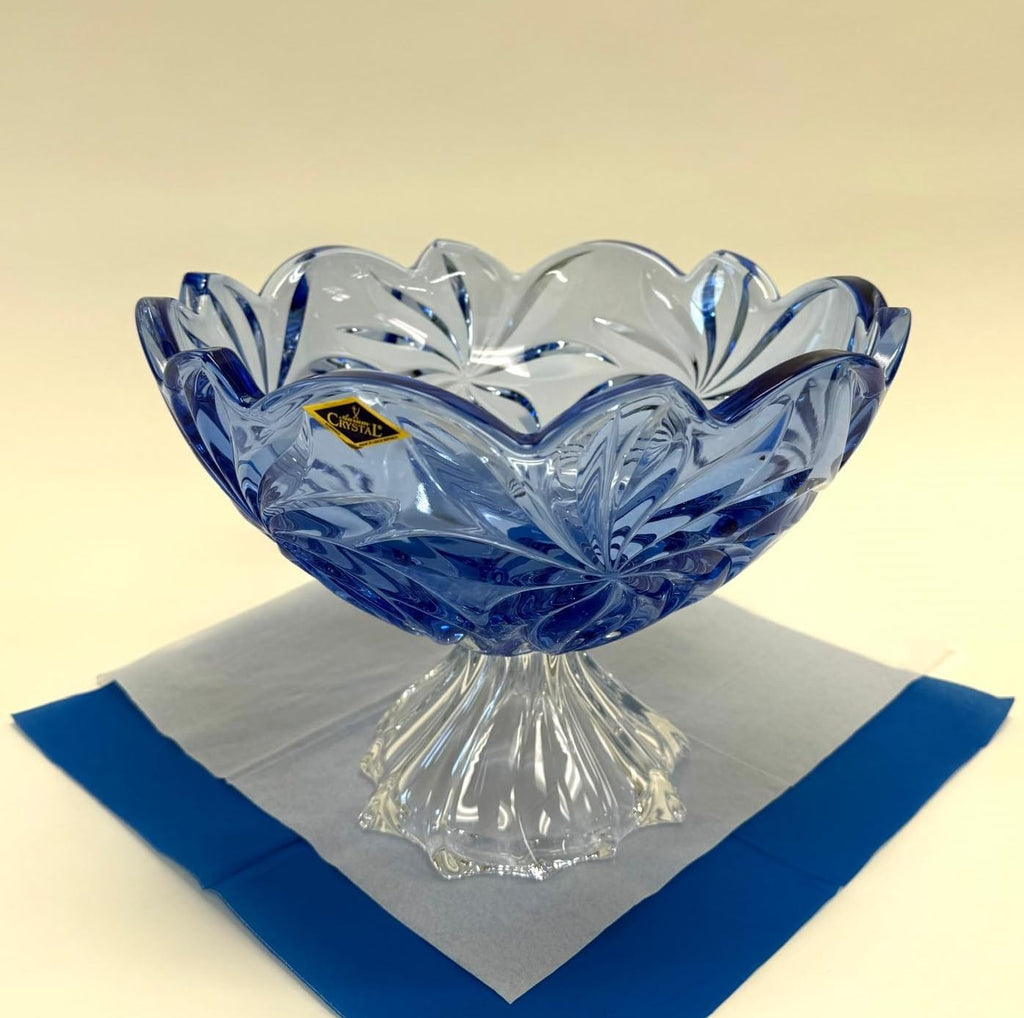 11.25-Inch Bohemian Crystal Footed Fruit Bowl FLORA, Gift Platter, Crystal, Deep Plate, Blue