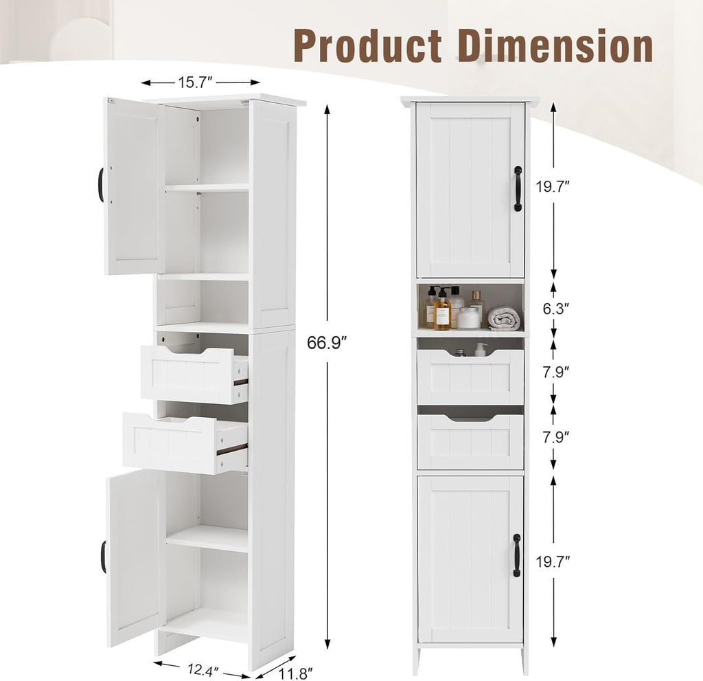 67" Tall Bathroom Storage Cabinet, Narrow Bathroom Cabinet with 2 Doors, 2 Drawers and 2 Adjustable Shelves, Slim