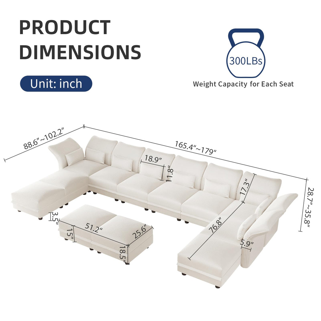 12 Seater Modular Sectional Sofa, Beige Corduroy