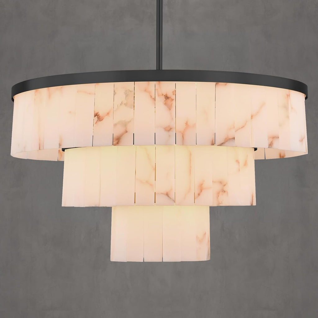 Round Alabaster Chandelier, 3 Tiers Black Marble Chandelier for Dining Room, D34 Modern Living Room Chandeliers Modern High Ceilings Chandeliers for Bedroom, Foyer, Entryway(Include 15 Bulbs) A125-B0F6LVXBD4