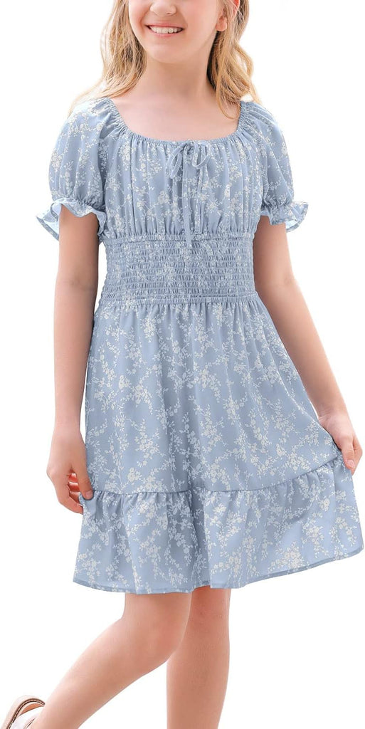 Girls' Summer Floral Dress Kids 2025 Puff Sleeve Square Neck Smocked Flowy Sun Dresses