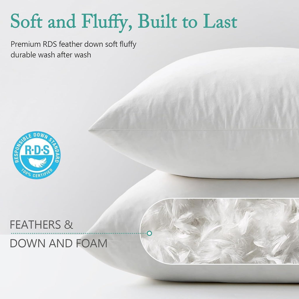 Luxury Feather Down 22x22 Pillow Inserts, Soft Fluffy Throw Pillow Inserts, 100% Organic Cotton Cover - Set of 2