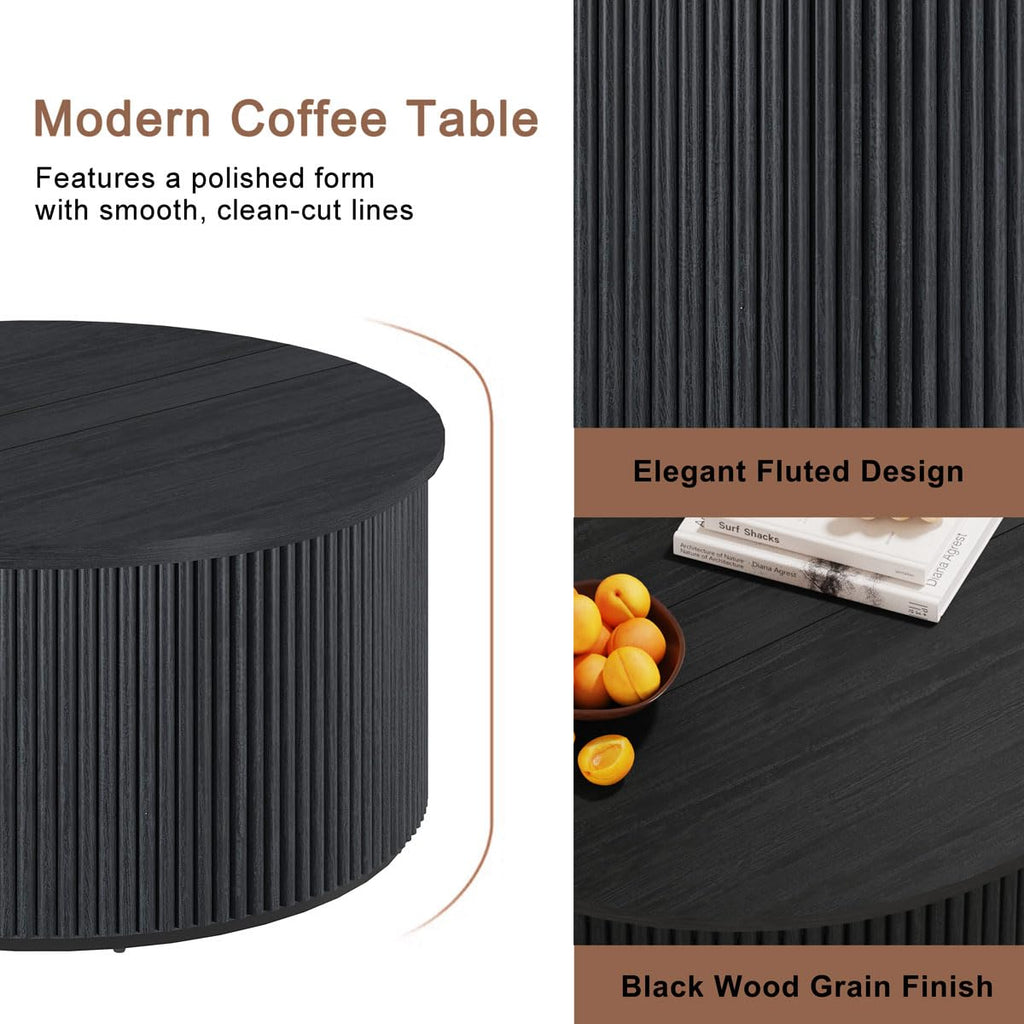 Round, Fluted Wooden Center Table, Circular Mid-Century Modern Coffee Tables for Small Space, Living Room, Bedroom
