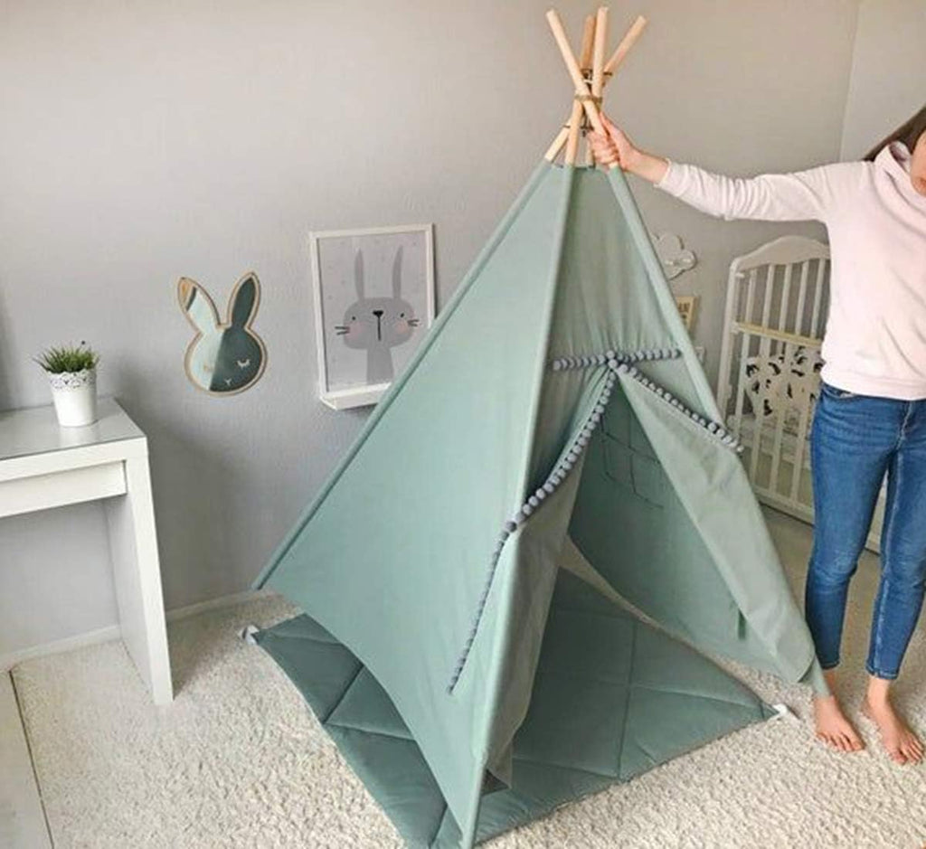 Kids Teepee Tent with White Pom Pom - Indoor Play Teepee for Children Boys Portable Play House (Jewelry Blue)