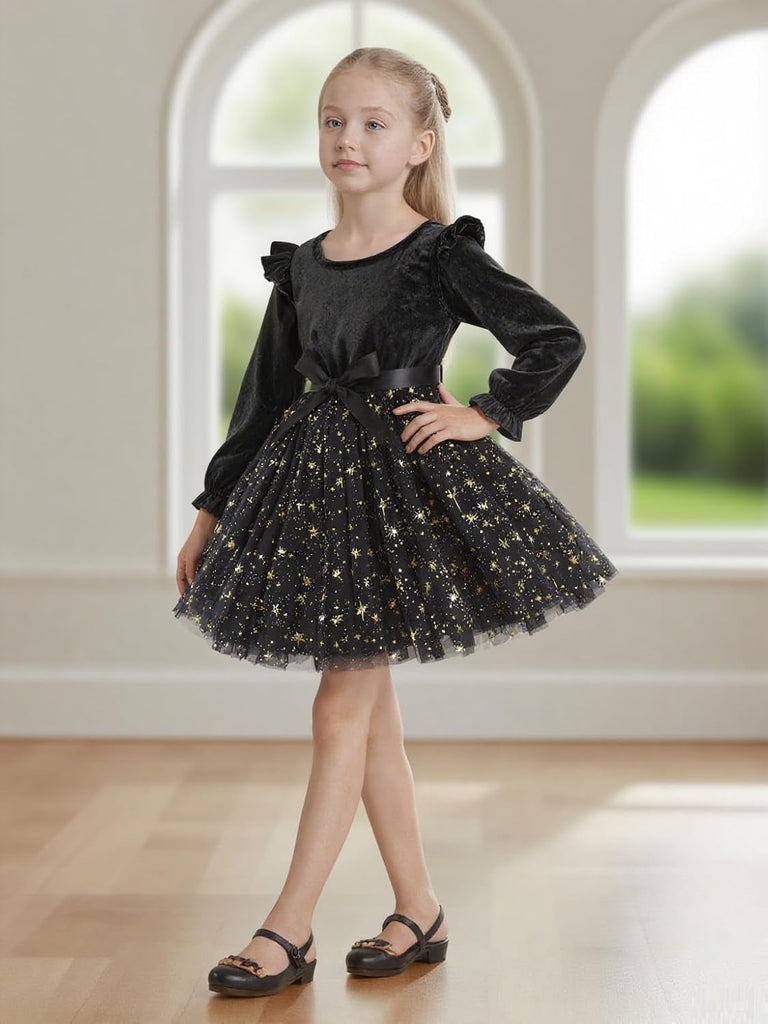Toddler Girls Tutu Dresses Velvet Tulle Dress with Sequin Long Sleeve Holiday Party Fall Winter Dress