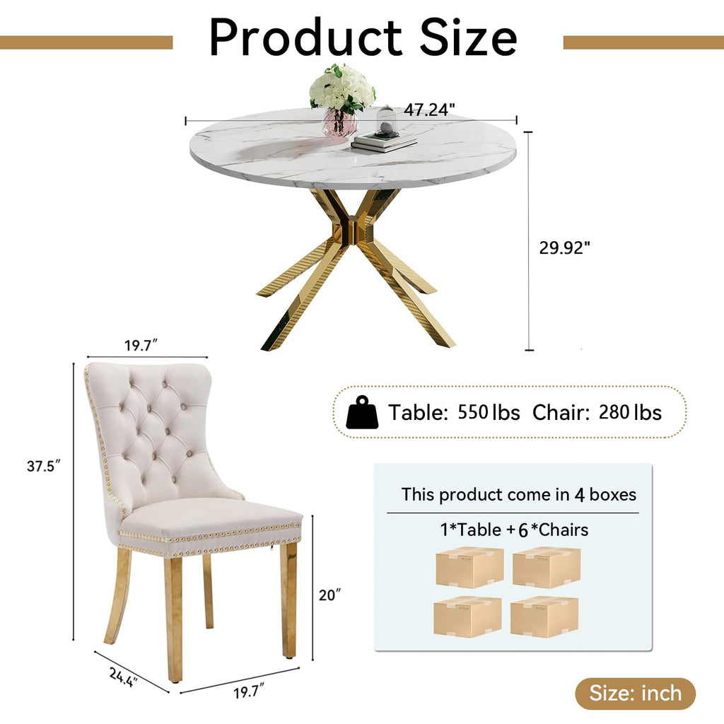 47.2" Round Dining Table Set for 6, White Faux Marble Kitchen Table & 6 Beige Velvet Chairs with Gold Stainless Steel