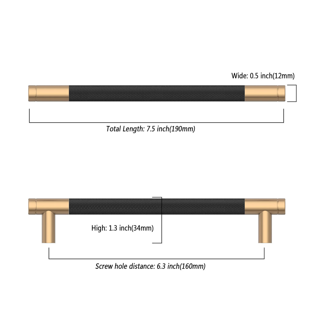 10 Pack 6.3 Inch(160mm) Matte Black and Champagne Bronze Cabinet Pulls Knurled Cabinet Handles Cupboard Handles