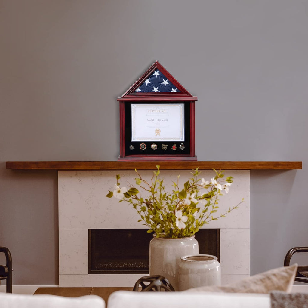 Small Military Shadow Box with Flag Display Case, Mahogany Finish