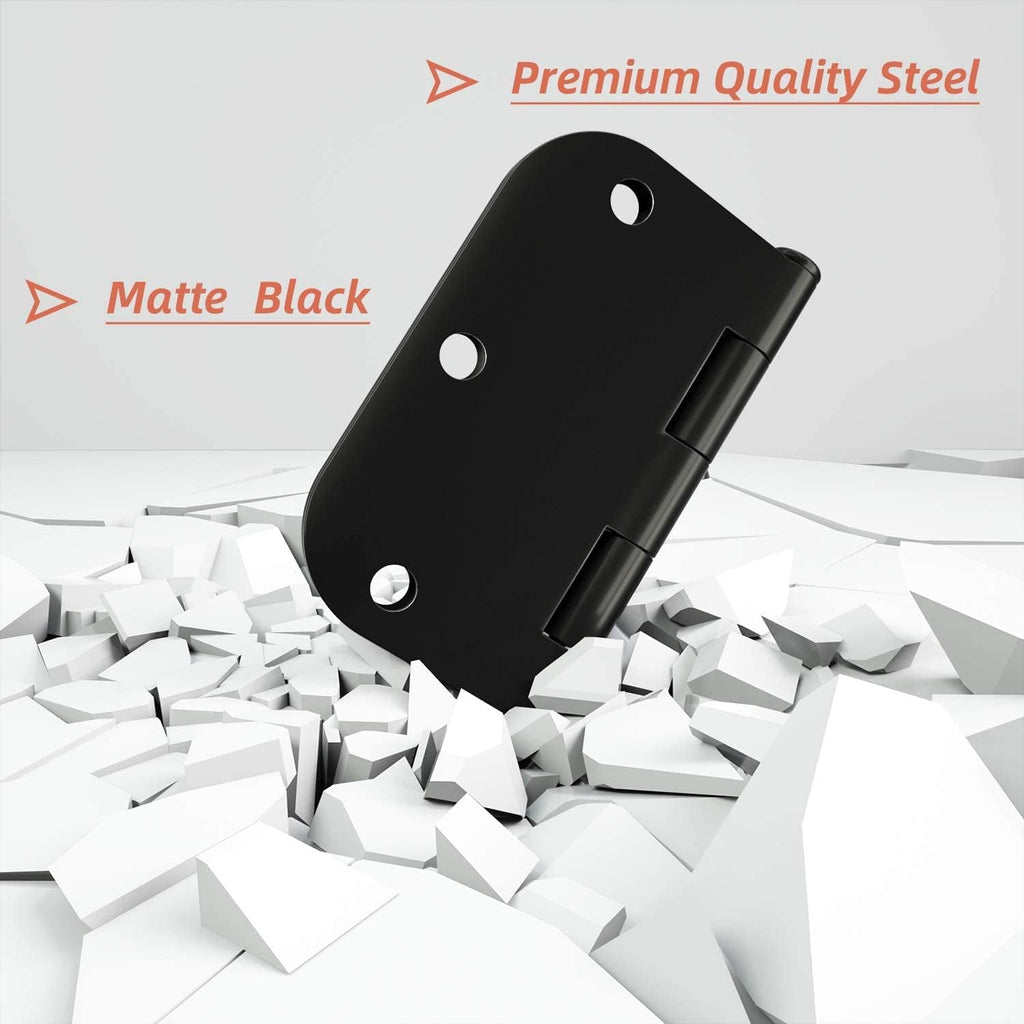 42 Pack 3.5 Inch Matte Black Door Hinges 5/8" Radius Corner, Flat Iron Residential Hardware for Interior Bedroom
