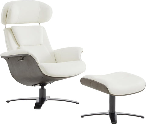 Modern Reclining Swivel Lounge Chair and Ottoman — White Genuine Leather