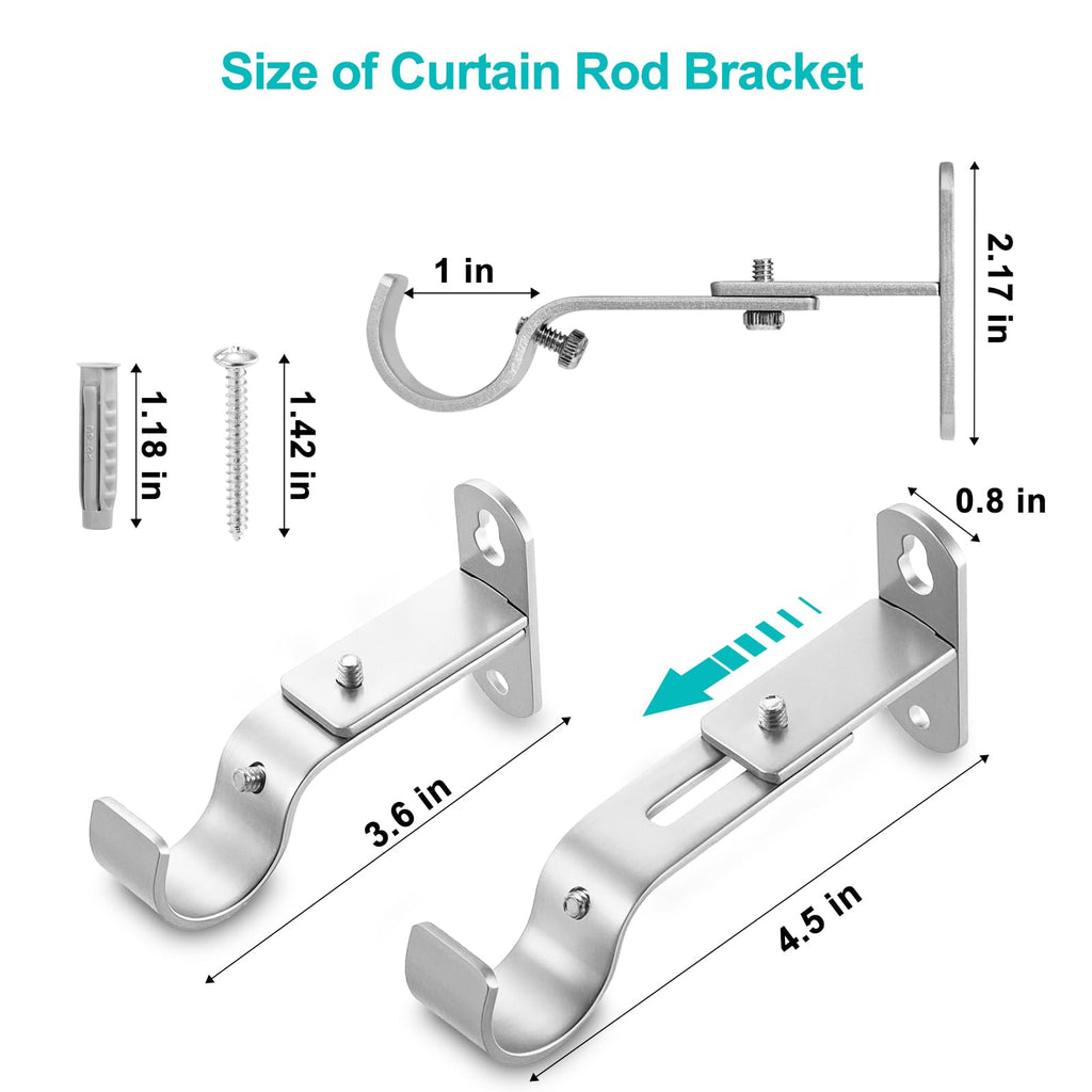 Adjustable Curtain Rod Brackets for 1" Rods, 3 Pack, Satin Silver
