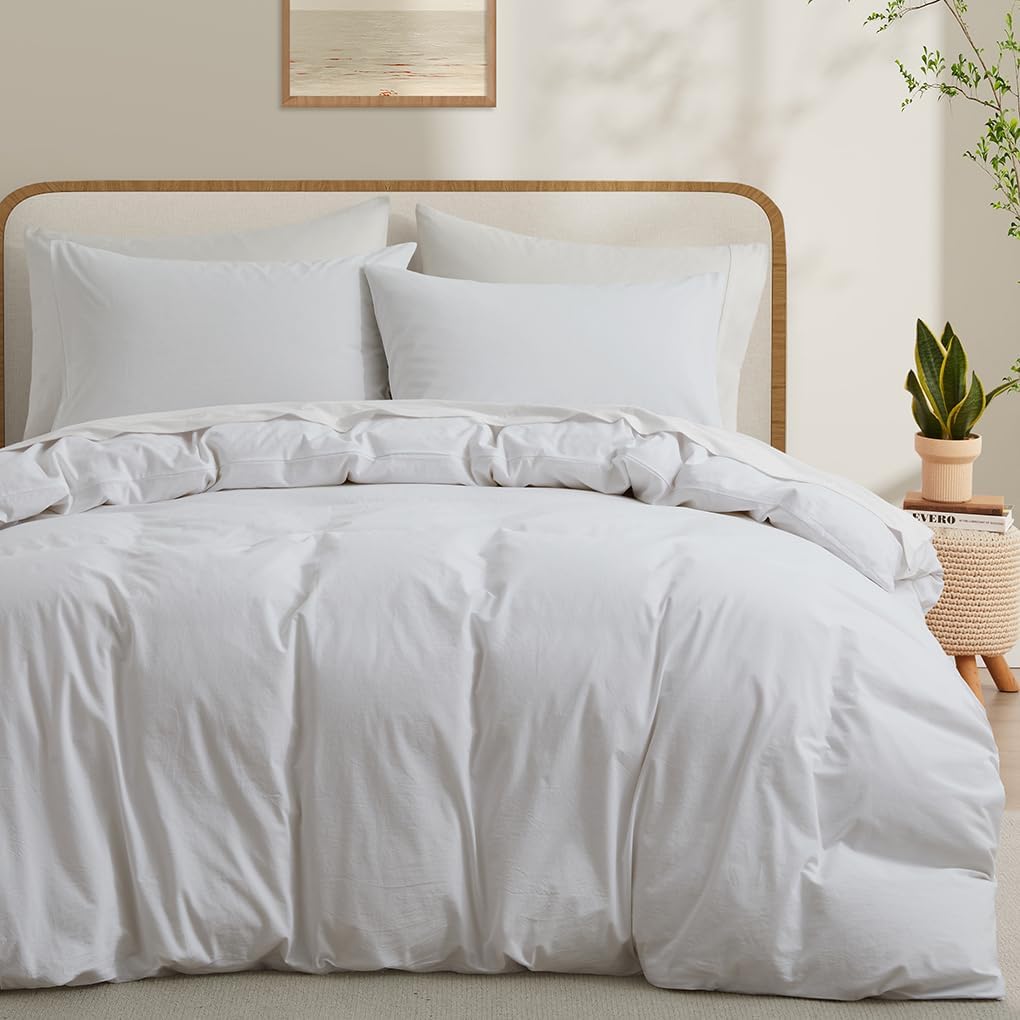100% Washed Cotton Duvet Cover Queen, White Linen Like Breathable Natural Bedding Set (No Comforter), 90x90 Inches