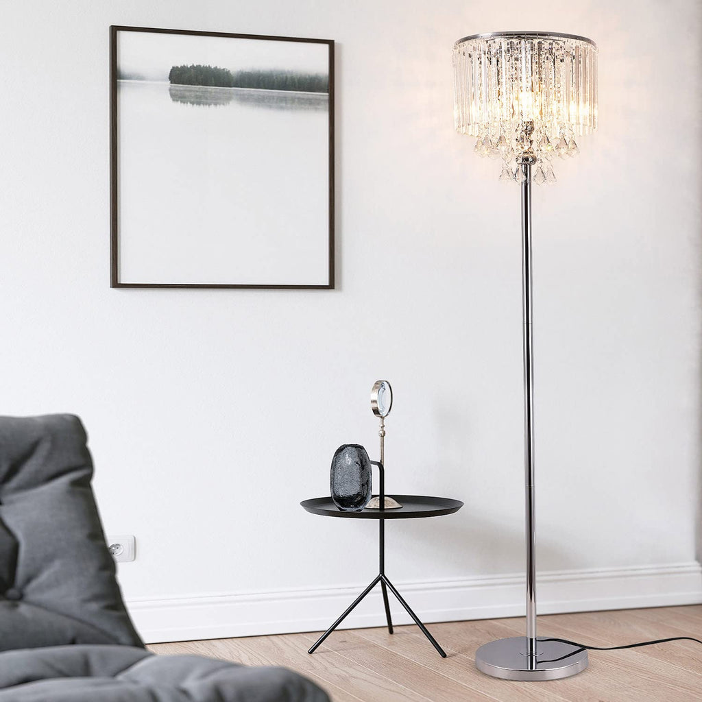 Modern Elegance Crystal Floor Lamp, On/Off Foot Switch, Crystal & Glass 3-Lights Standing Light, Reading Corner Lamp