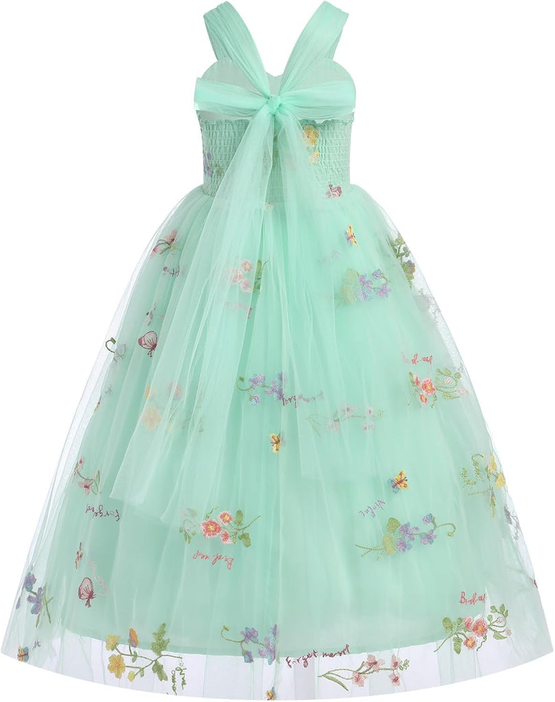 Floral Embroidered Tulle Dress Girls Sleeveless Spaghetti Straps Formal Birthday Wedding Pageant Party Tulle Dresses