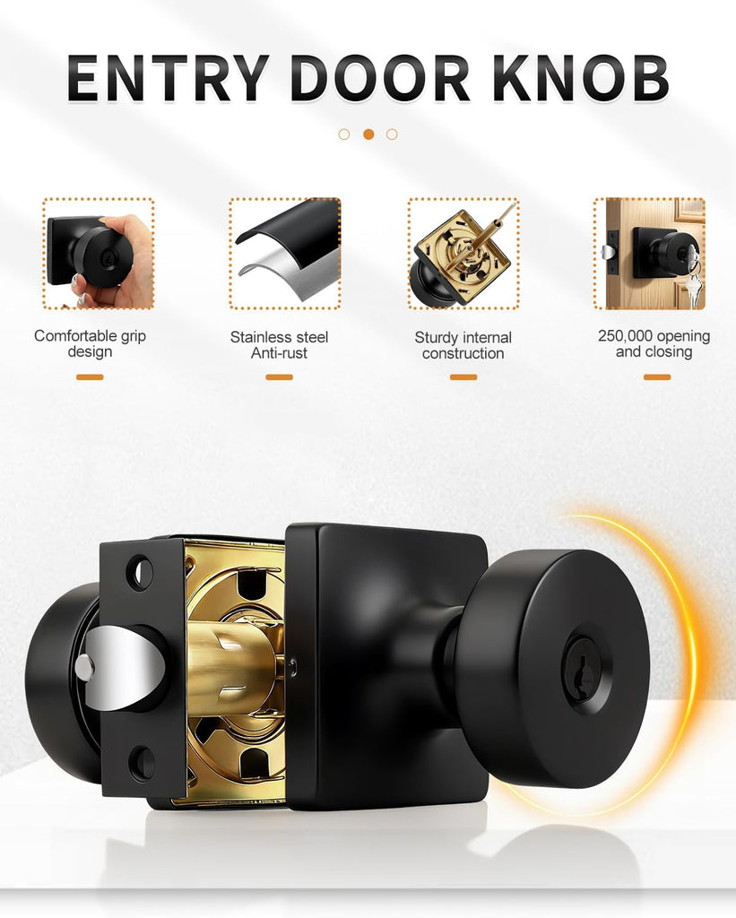 Keyed Entry Door Knobs Interior/Exterior 2 Pack, Classic Keyed Bedroom/Bathroom Door Knobs Entrance Lockset