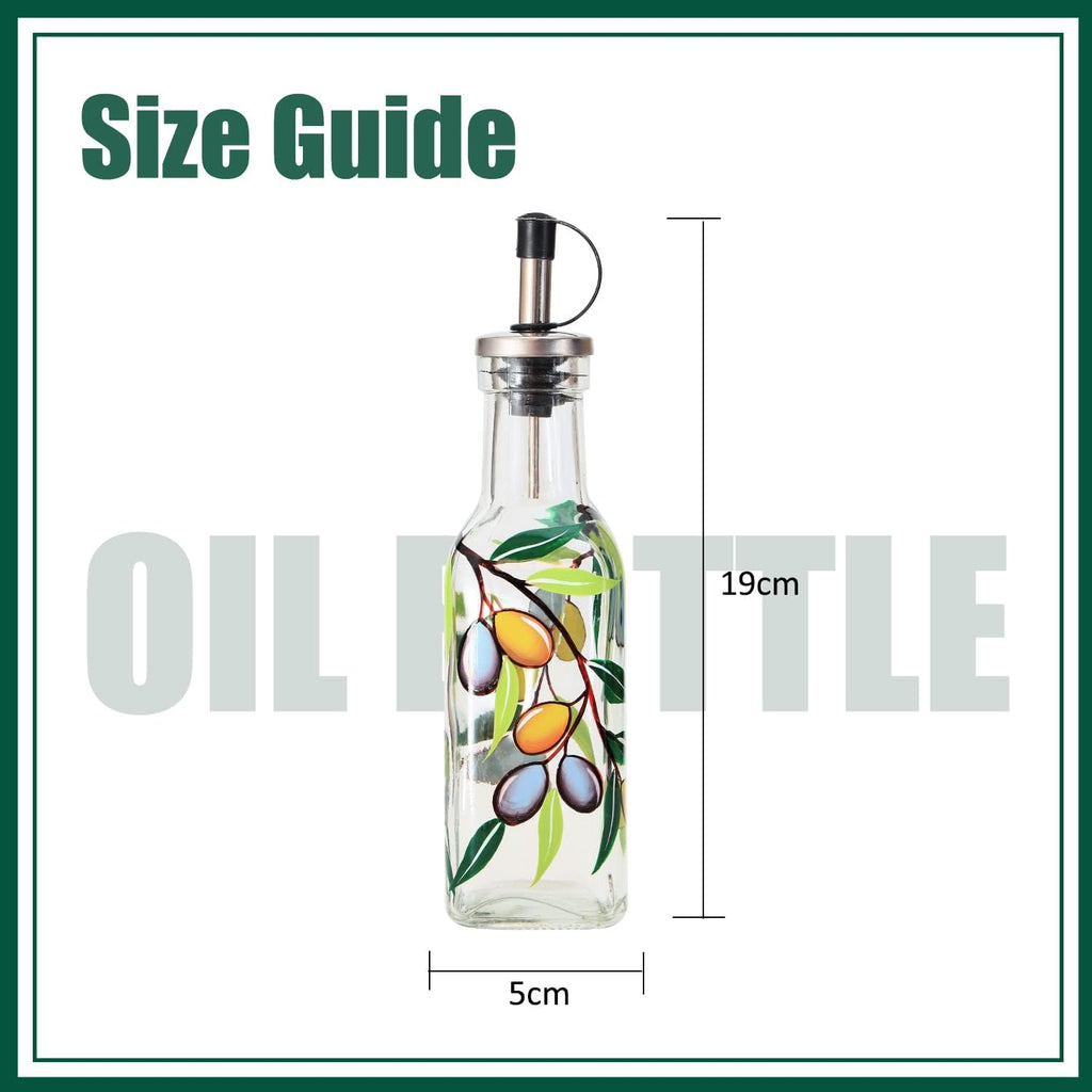 7oz Hand Painted Glass Olive Oil Bottle Dispenser - 200ml Green Oil & Vinegar Cruet with Pourers - Olive Oil Carafe - Set of 2