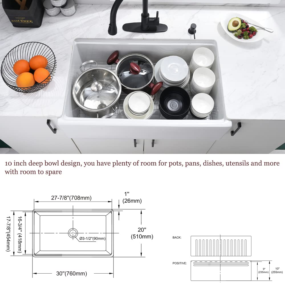 30 Inch White Farmhouse Sink, Fireclay Apron Front Kitchen Sink