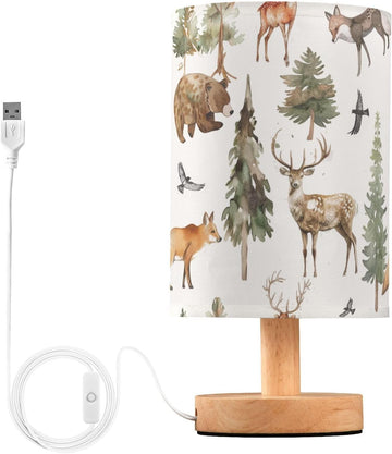 Table Lamp Watercolor Animal Forest Tree Deer Fox Bear Nightstand Lamp with Wood Base Fabric Lamp Shade Bedside Desk