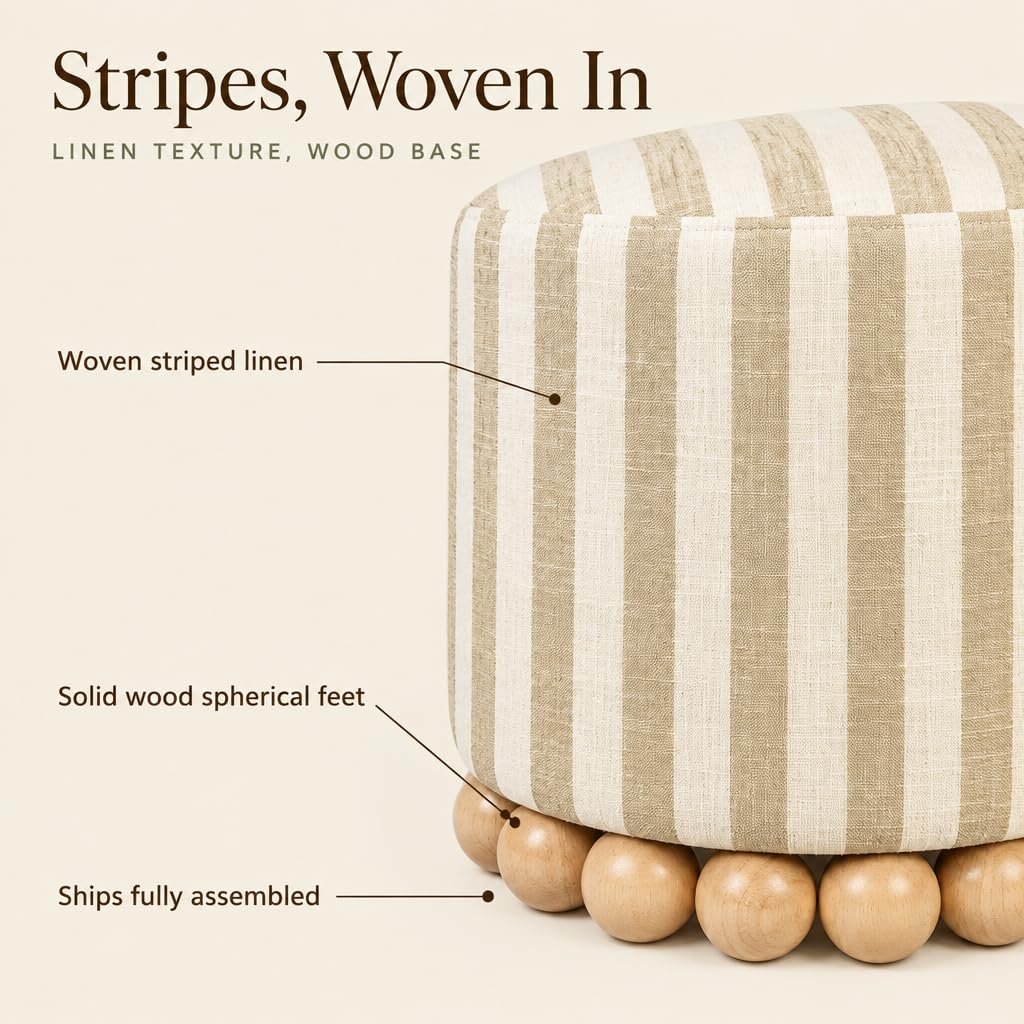 Dex Small Round Ottoman Footstool, Striped Linen, Beige