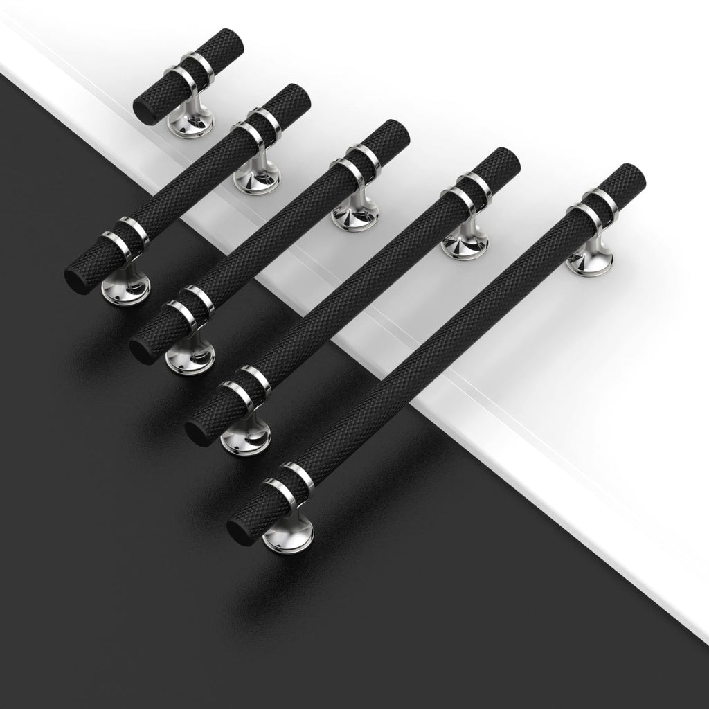 10 Pack 3-3/4"(96mm) Black and Silver Knurled Cabinet Handles Kitchen Matte Black Pulls for Cabinets Drawer Pulls
