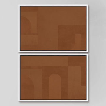 Framed Canvas Print Wall Art Set Mid-Century Brown Polygon Landscape Abstract Shapes Digital Art Modern Art