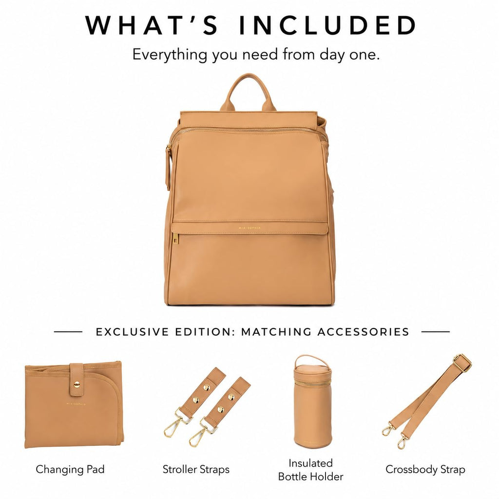 Leather Diaper Bag Backpack with USB Charging Port, Changing Pad, Stroller Straps, Bottle Holder (Brown Sophia)