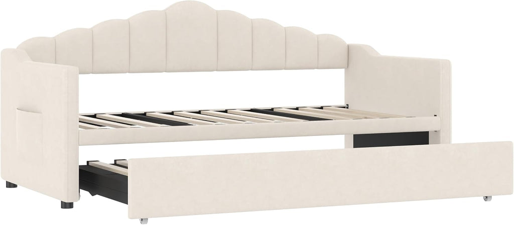 Daybed with Pop Up Trundle, Twin to King Sofa Bed Frame (Beige) | Velvet Upholstered, USB & Type-C Charging Port, 2
