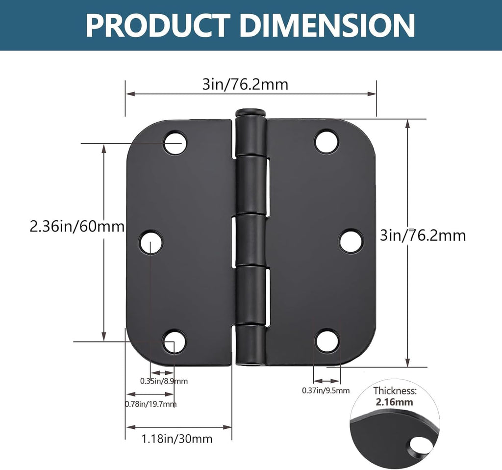 Matte Black Door Hinges 10 Pack 3x3 Inch Interior Door Hinges for Doors Rounded 5/8" Radius Corners Iron Hinge Door