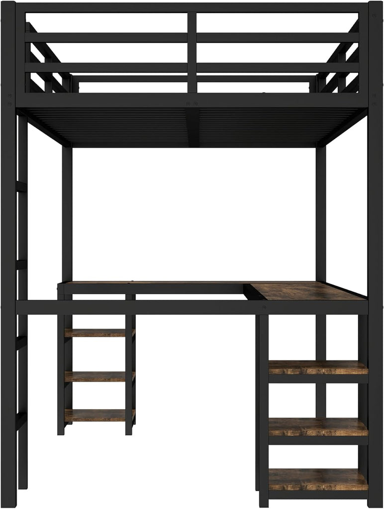 Twin XL Size Loft Bed with Desk and Shelves, Metal Twin XL loft bedframe with L Desk and 6 Storage Shelves, Black