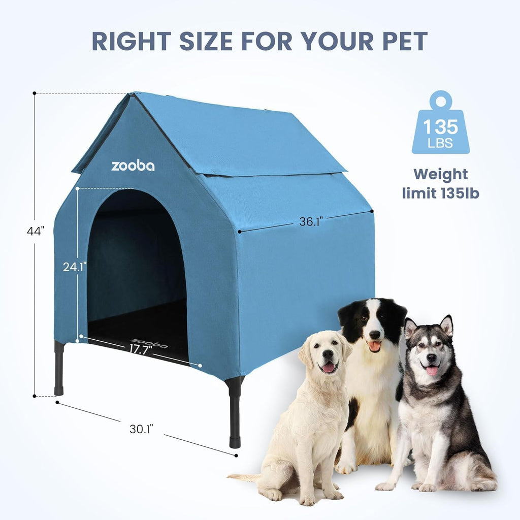 36in Large Dog House Outdoor, Elevated Dog Bed with Canopy, Blue