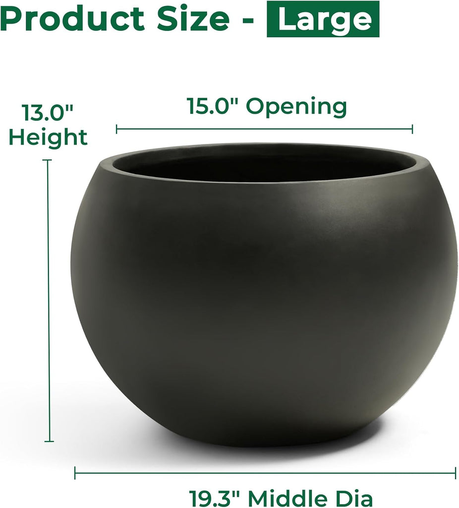 19.3" Dia-13 H Fiberstone Sphere Planter, Black Round Flower Pot | Large Concrete Planters for Indoor Outdoor, 15"