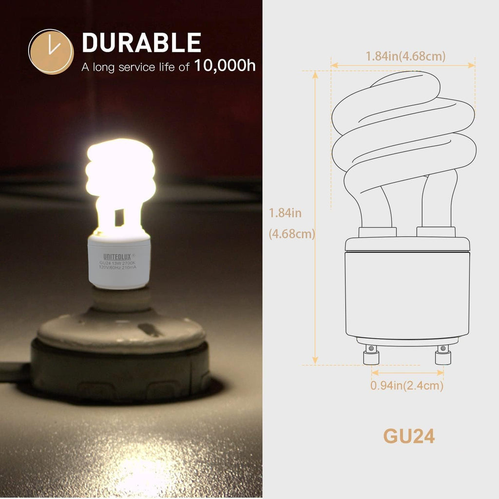 T2 Spiral CFL GU24 2 Prong Light Bulb Base 2700K 900lm 120v 60Hz Light Bulb- Mini Twist Lock Spiral -Self
