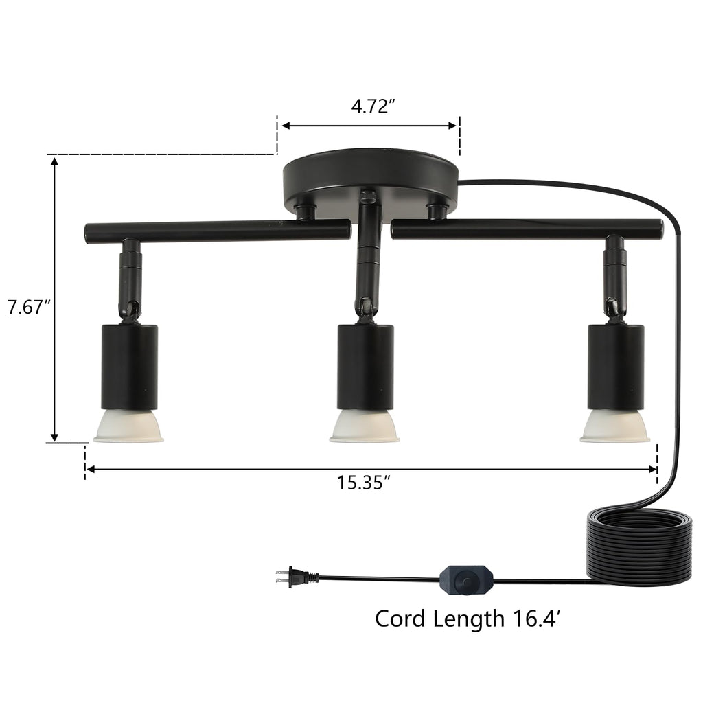 Dimmable Plug in Track Lighting,Plug in Ceiling Light Fixture,Balck 3 Light Track Light with 16.4' Long Cord,Dimming