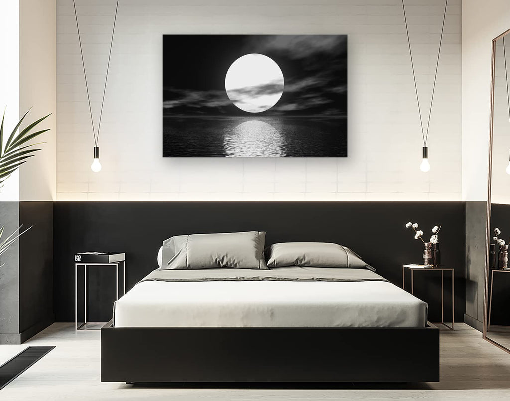Wall Art Canvas Sea White Full Moon in Night Picture Canvas Poster Print Black and White Ocean Bedroom Kitchen