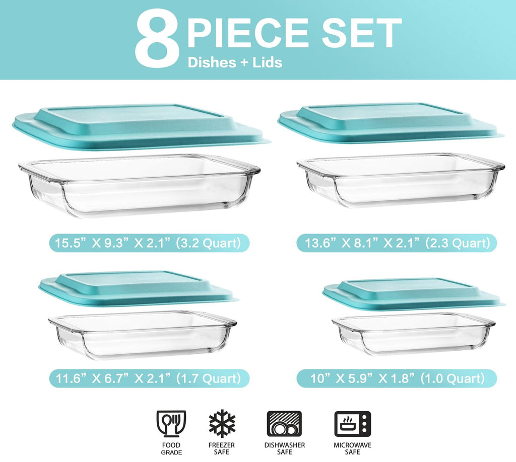 8 Piece Deep Glass Baking Dish with Lids, BPA free, Green