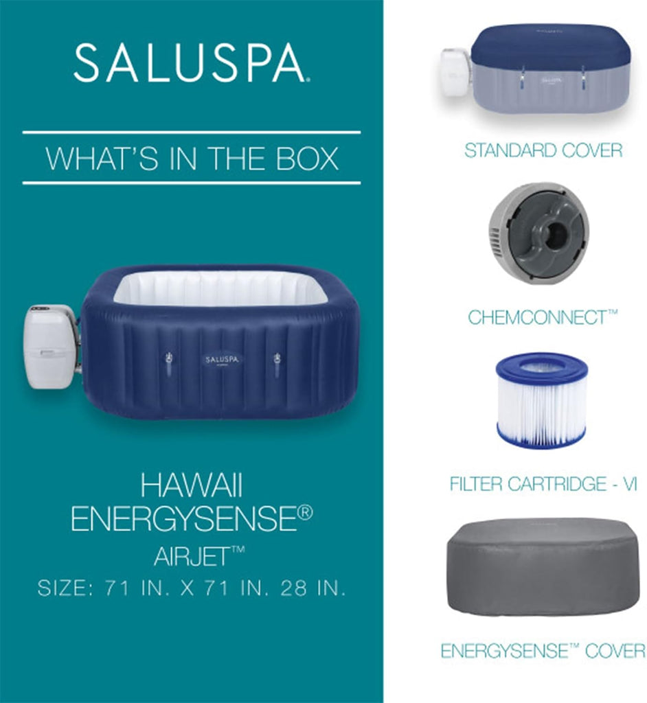 Hawaii AirJet Inflatable 6 Person Square Hot Tub with EnergySense Cover, Bundled with 2 Non-Slip Underwater Pool and