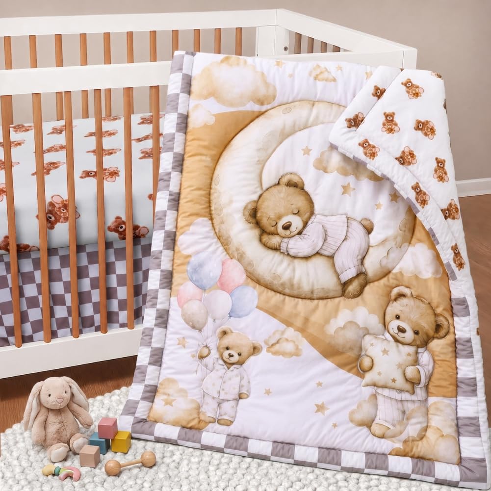 Baby Crib Bedding Set Bear Checked Neutral Nursery Comforter Bed Sets