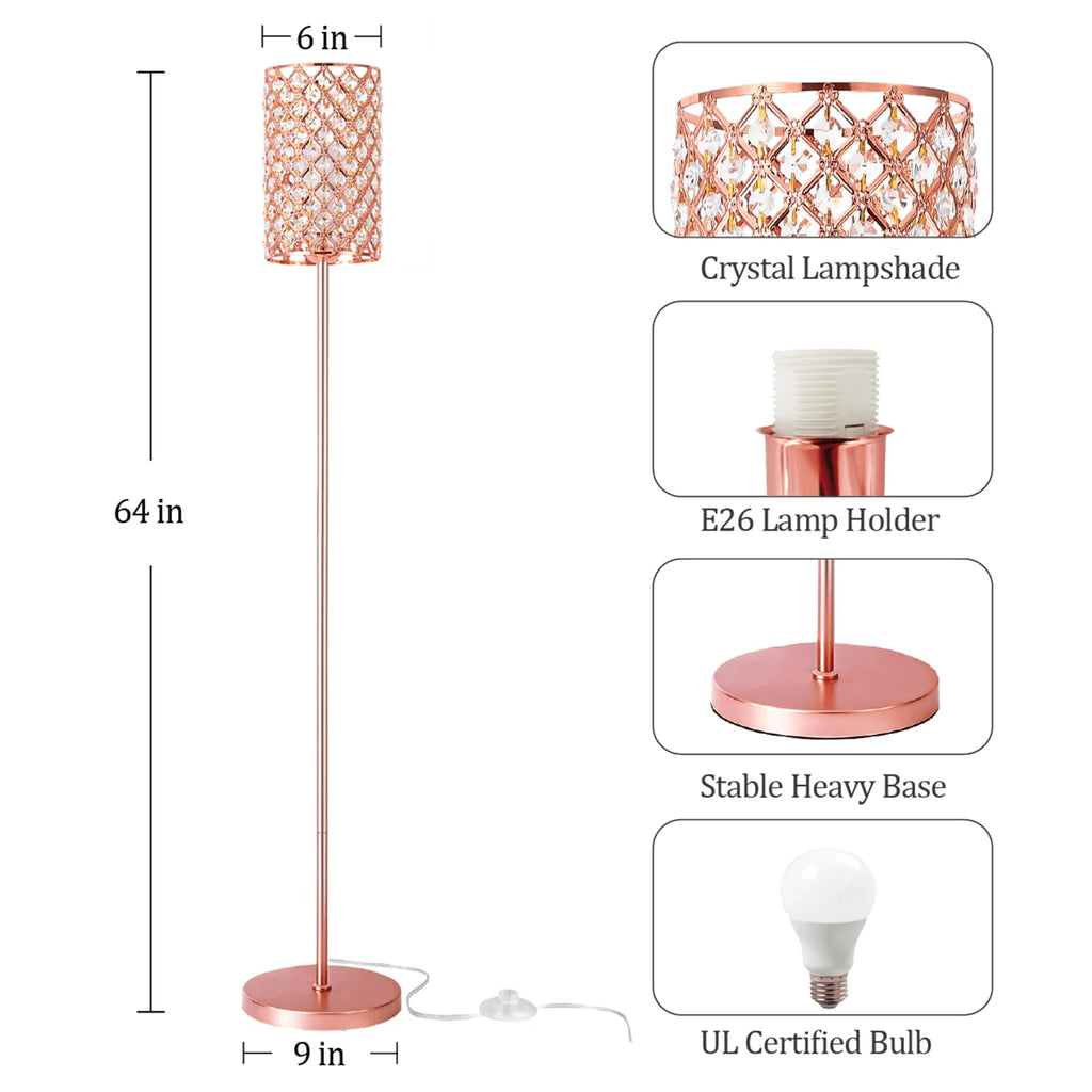 Crystal Floor Lamp with Remote Control, Smart Rose Gold Floor Lamps with Bulb Included, Crystal Standing Lamp Rose