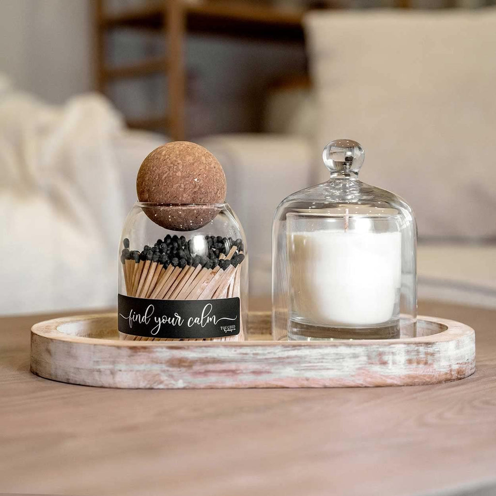 Find Your Calm Cute Glass Match jar Cloche | Approx 135 Decorative Wooden Black tip Matches for Candles & décor - Set of 135